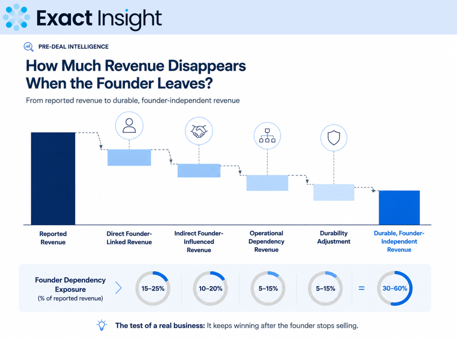 Founder dependency framework assessing which revenue, relationships, and decision-making authority are transferable to new ownership